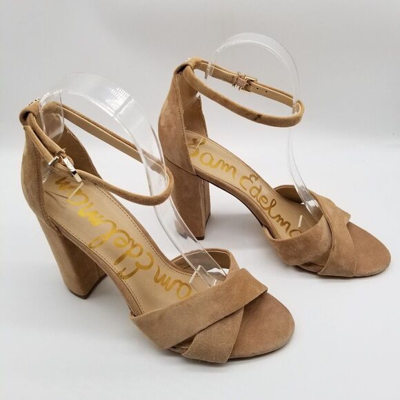 Sam Edelman Women Yancy Heeled Cross Sandals Size 9 Beige Suede Ankle Strap - Picture 3 of 7
